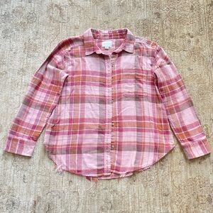 American Eagle Outfitters Pink and Brown Plaid Shirt, distressed